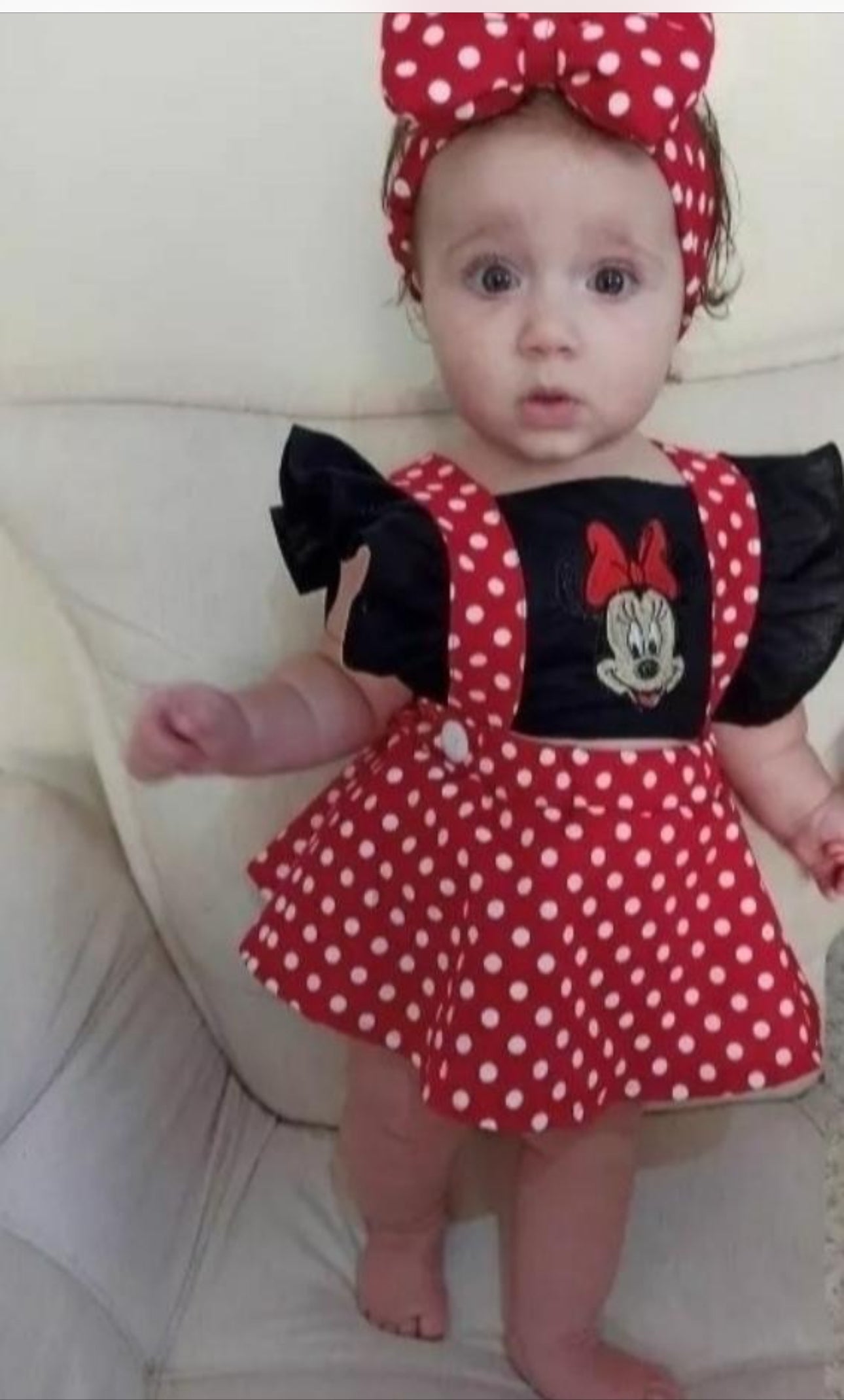 Minnie * Beautifully Designed 🌸 This Minnie red dress romper features sleeveless, square neck, baby print, Minnie red skirt hem, month birthday baby