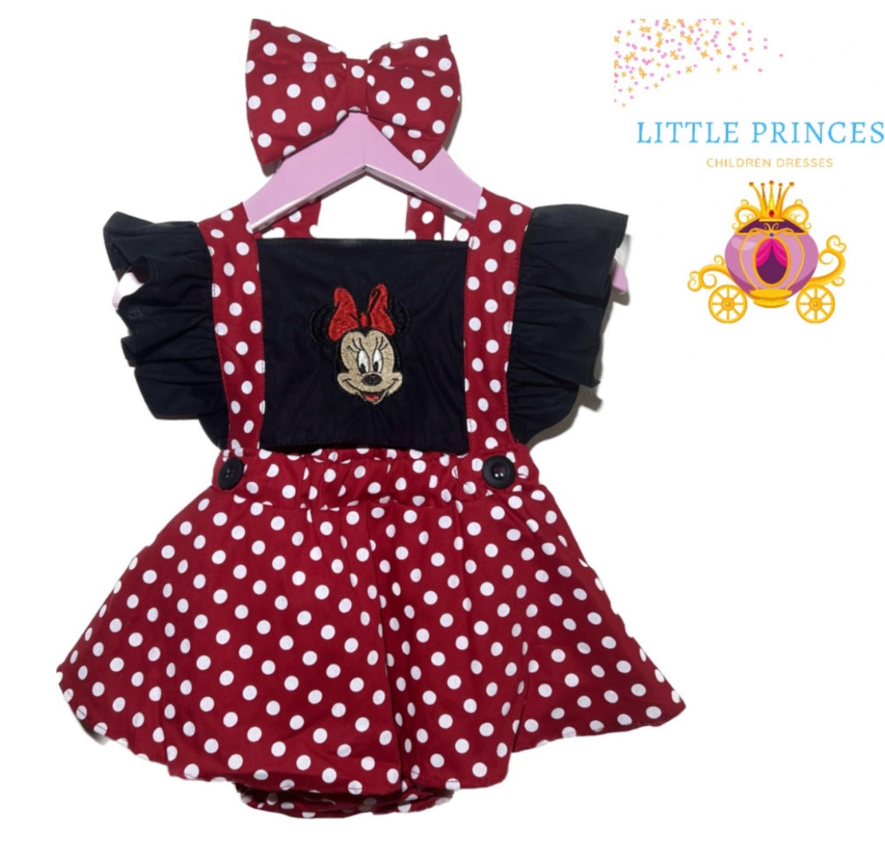 Minnie * Beautifully Designed 🌸 This Minnie red dress romper features sleeveless, square neck, baby print, Minnie red skirt hem, month birthday baby